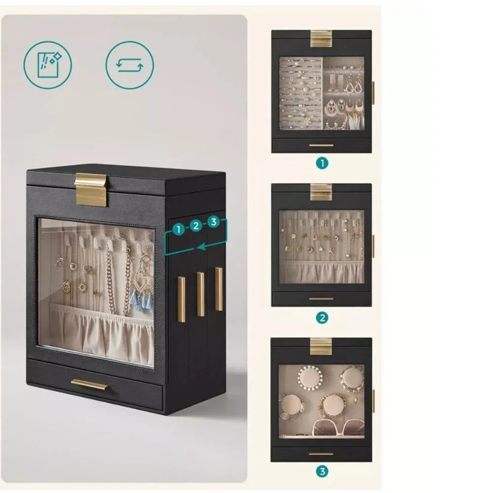 5-Layer Jewelry Box with Large Mirror, Modern Jewelry Organizer with 3 Side Draw - Picture 2 of 9